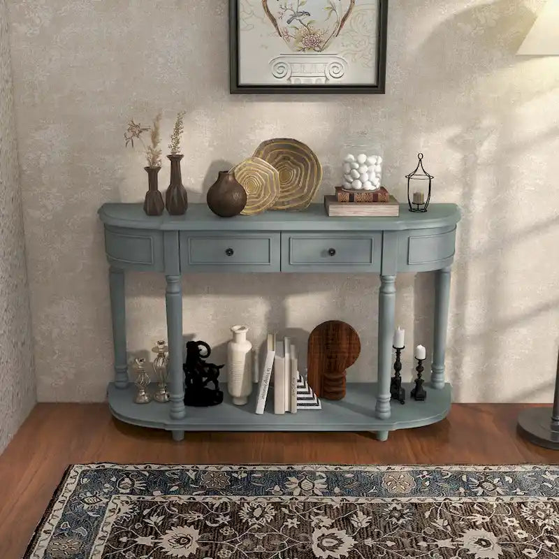 Console Rétro Bleue avec 2 Tiroirs et Étagère Ouverte, Assemblage par 1 Personne