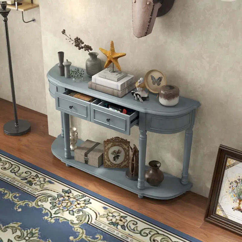 Console Rétro Bleue avec 2 Tiroirs et Étagère Ouverte, Assemblage par 1 Personne
