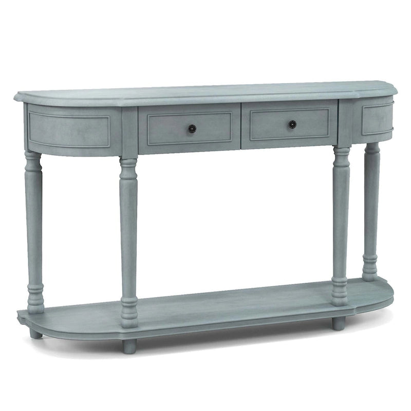 Console Rétro Bleue avec 2 Tiroirs et Étagère Ouverte, Assemblage par 1 Personne