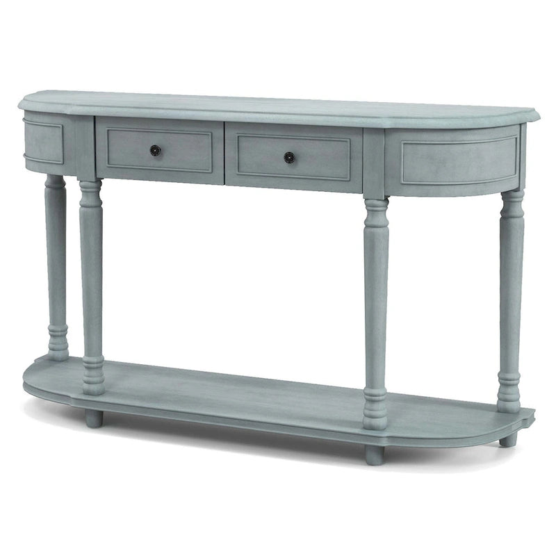 Console Rétro Bleue avec 2 Tiroirs et Étagère Ouverte, Assemblage par 1 Personne
