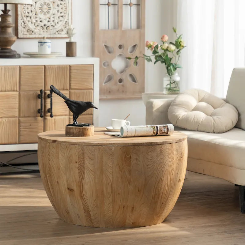 Table basse de rangement de style tonneau, couleur naturelle/marron, pour 1 personne