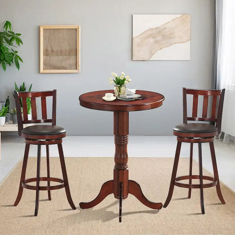 Table de pub ronde en châtaignier avec plateau à damier, 2 places