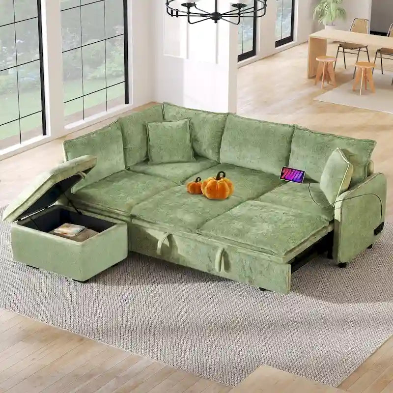 Canapé-lit d'angle 2 places en chenille orange/vert avec pouf de rangement