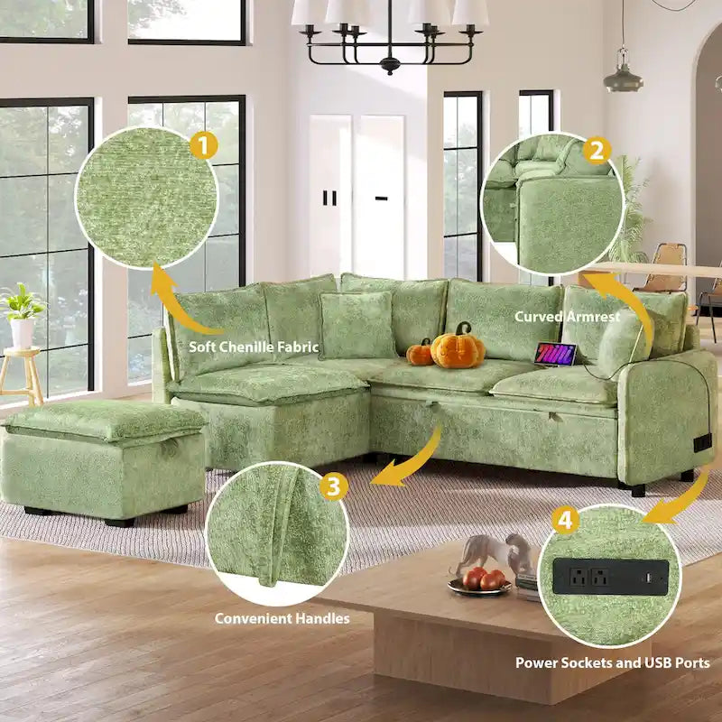 Canapé-lit d'angle 2 places en chenille orange/vert avec pouf de rangement