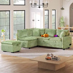 Canapé-lit d'angle 2 places en chenille orange/vert avec pouf de rangement