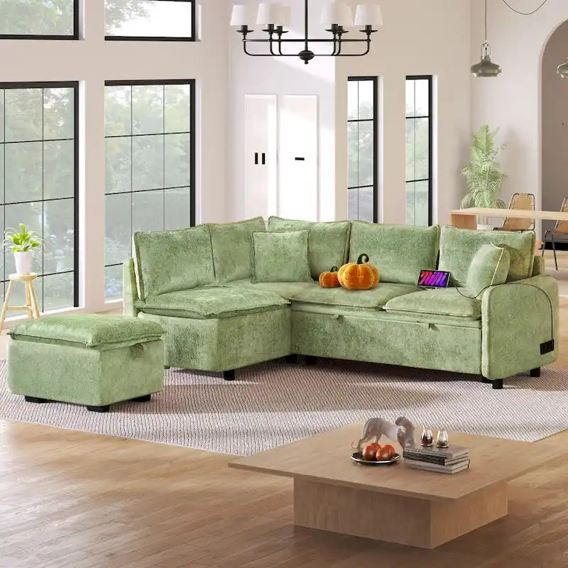 Canapé-lit d'angle 2 places en chenille orange/vert avec pouf de rangement