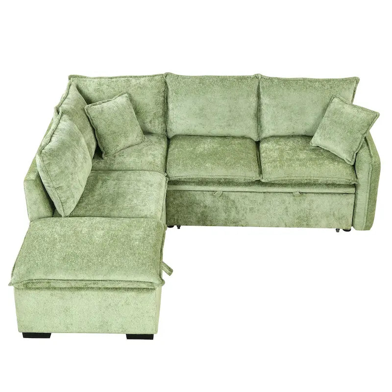 Canapé-lit d'angle 2 places en chenille orange/vert avec pouf de rangement