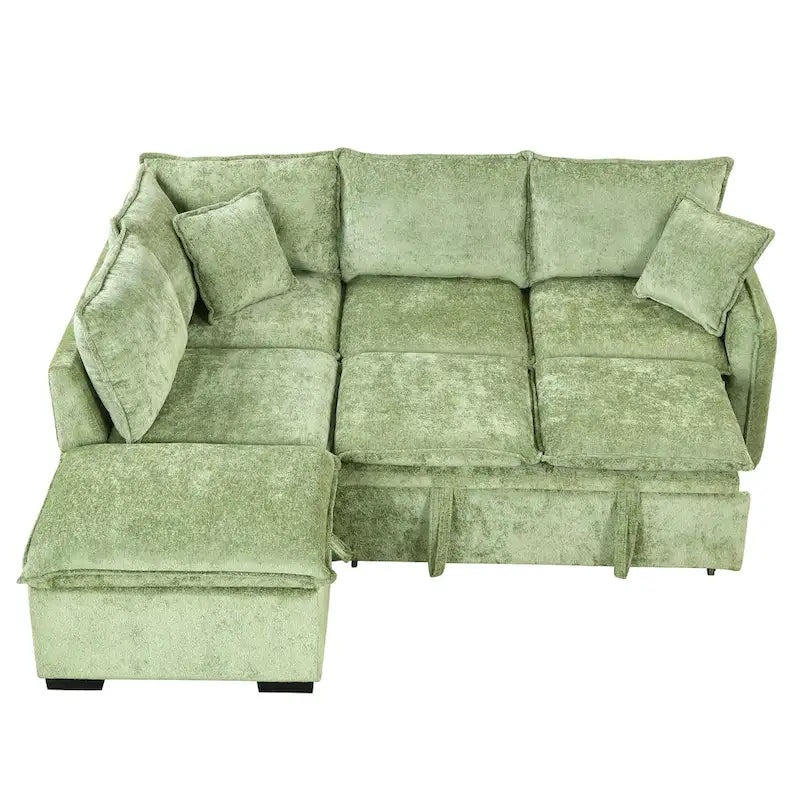 Canapé-lit d'angle 2 places en chenille orange/vert avec pouf de rangement