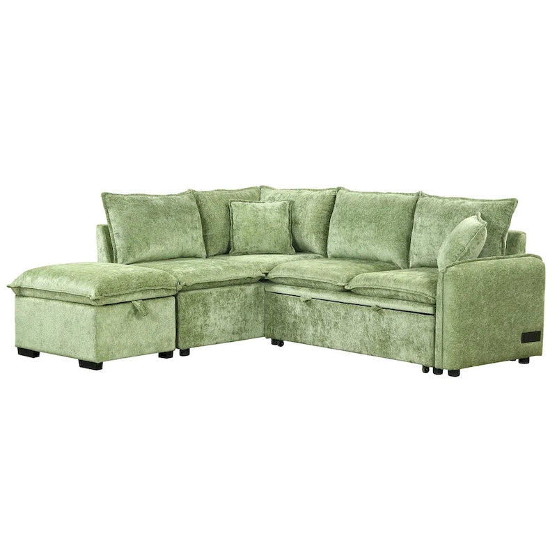 Canapé-lit d'angle 2 places en chenille orange/vert avec pouf de rangement
