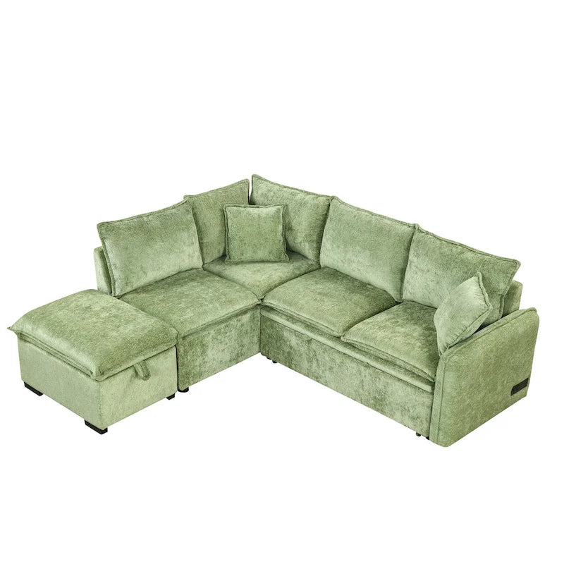 Canapé-lit d'angle 2 places en chenille orange/vert avec pouf de rangement