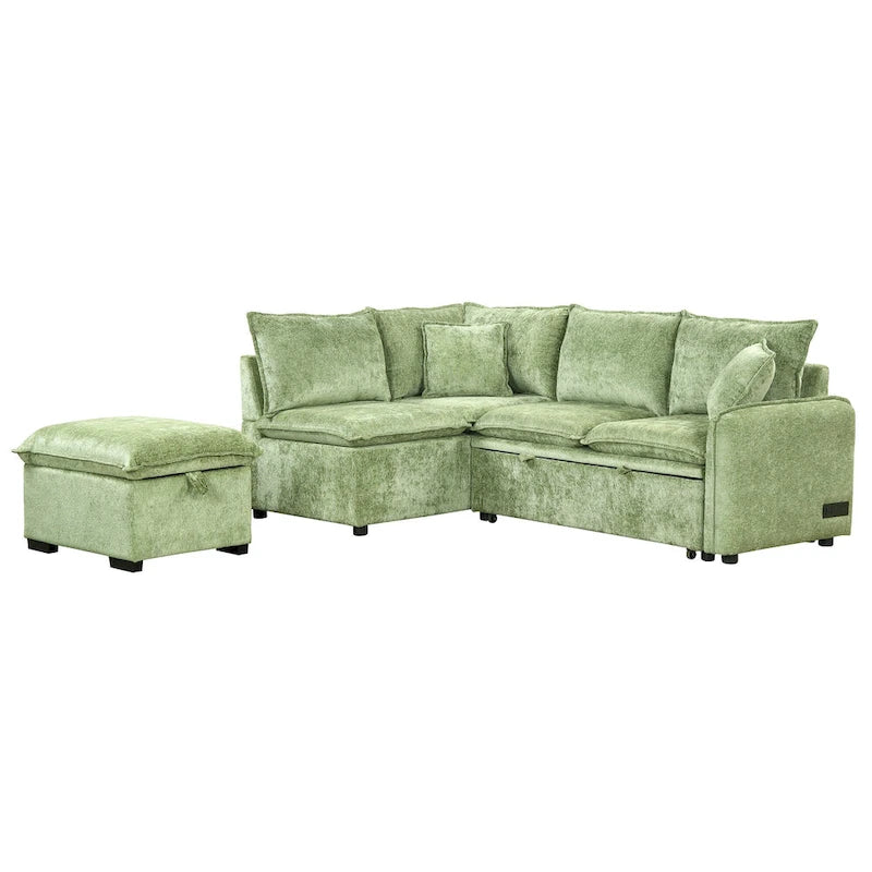 Canapé-lit d'angle 2 places en chenille orange/vert avec pouf de rangement