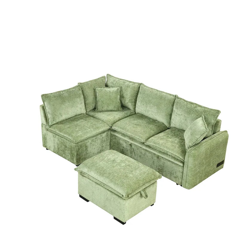 Canapé-lit d'angle 2 places en chenille orange/vert avec pouf de rangement