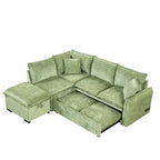 Canapé-lit d'angle 2 places en chenille orange/vert avec pouf de rangement