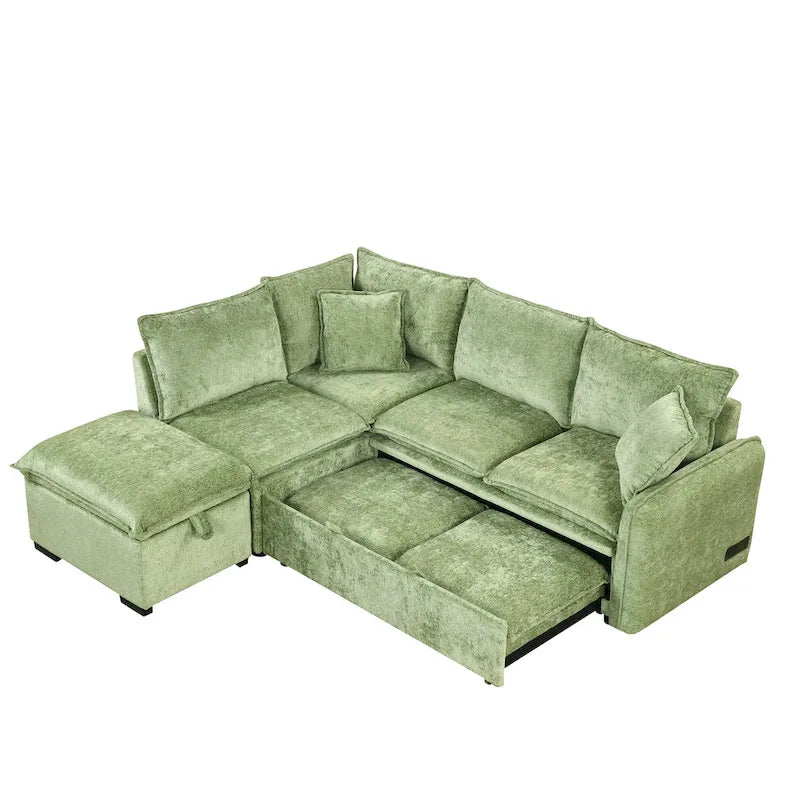 Canapé-lit d'angle 2 places en chenille orange/vert avec pouf de rangement