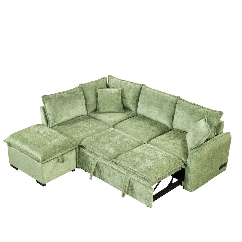 Canapé-lit d'angle 2 places en chenille orange/vert avec pouf de rangement