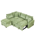Canapé-lit d'angle 2 places en chenille orange/vert avec pouf de rangement