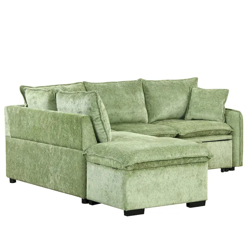 Canapé-lit d'angle 2 places en chenille orange/vert avec pouf de rangement