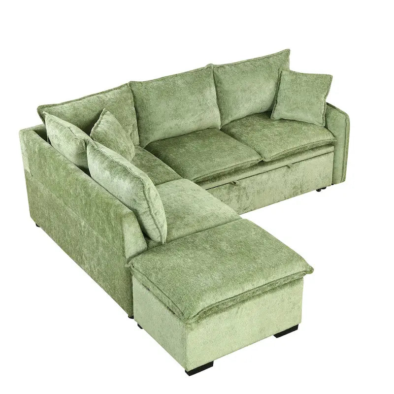 Canapé-lit d'angle 2 places en chenille orange/vert avec pouf de rangement