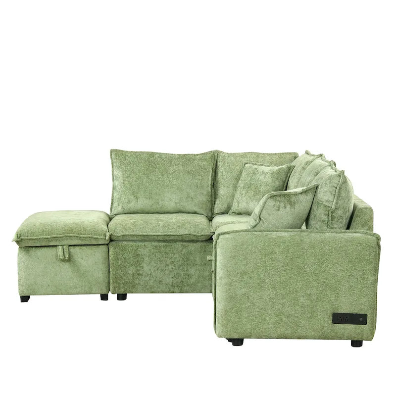 Canapé-lit d'angle 2 places en chenille orange/vert avec pouf de rangement