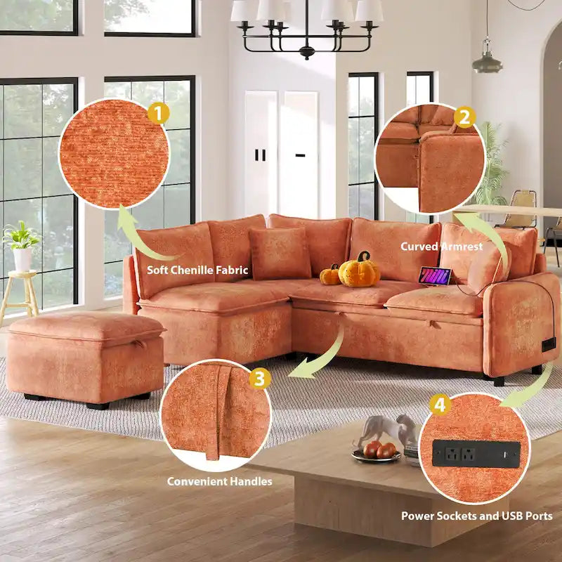 Canapé-lit d'angle 2 places en chenille orange/vert avec pouf de rangement