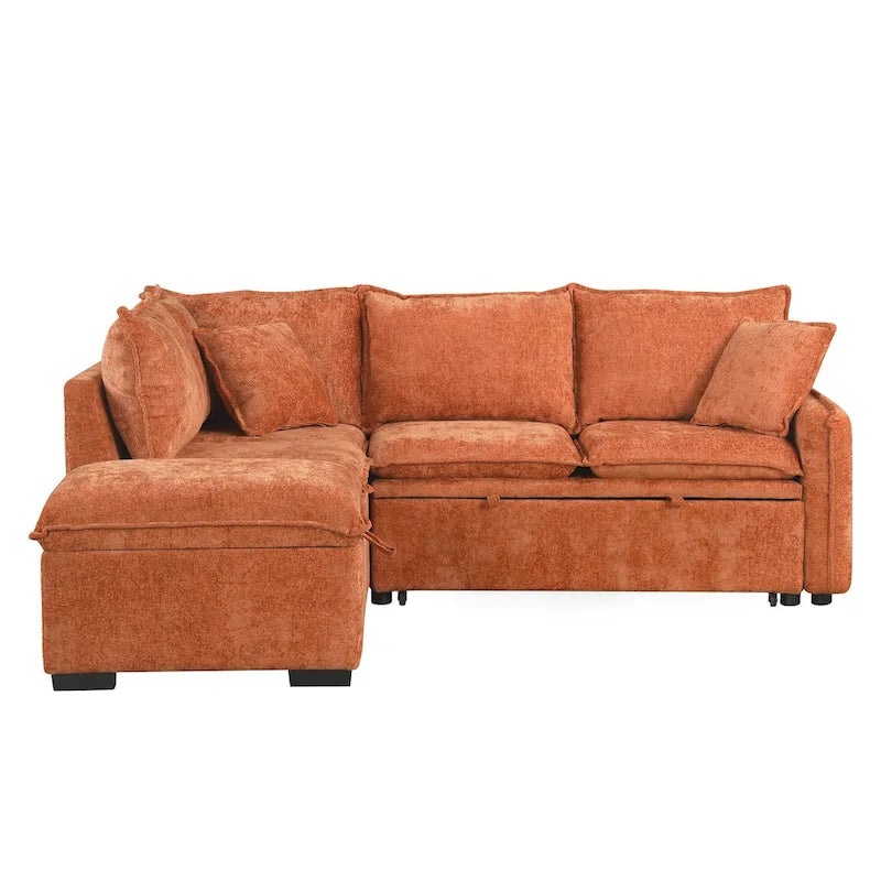 Canapé-lit d'angle 2 places en chenille orange/vert avec pouf de rangement