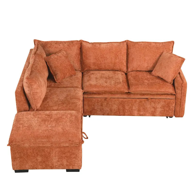 Canapé-lit d'angle 2 places en chenille orange/vert avec pouf de rangement
