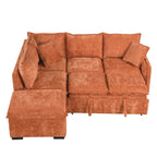 Canapé-lit d'angle 2 places en chenille orange/vert avec pouf de rangement