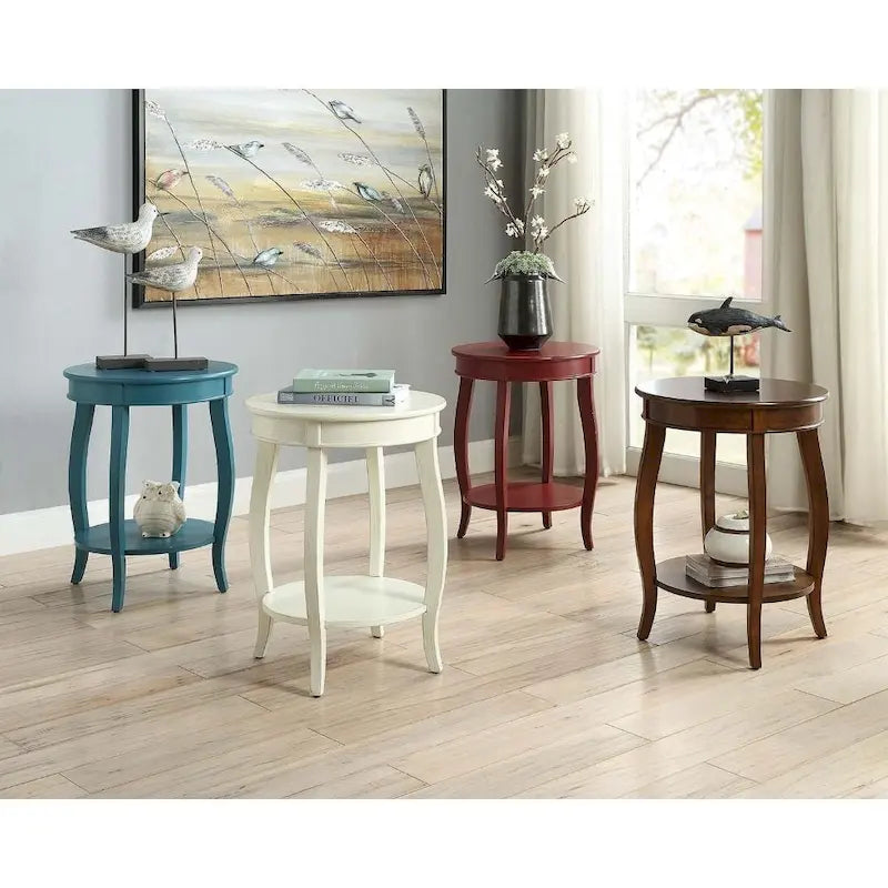 Table d'appoint ronde en bois massif avec étagère, rouge / bleu-vert / blanc, pour 1 personne