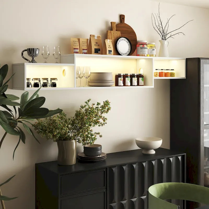 Meuble TV mural flottant blanc, 3 étagères avec éclairage LED