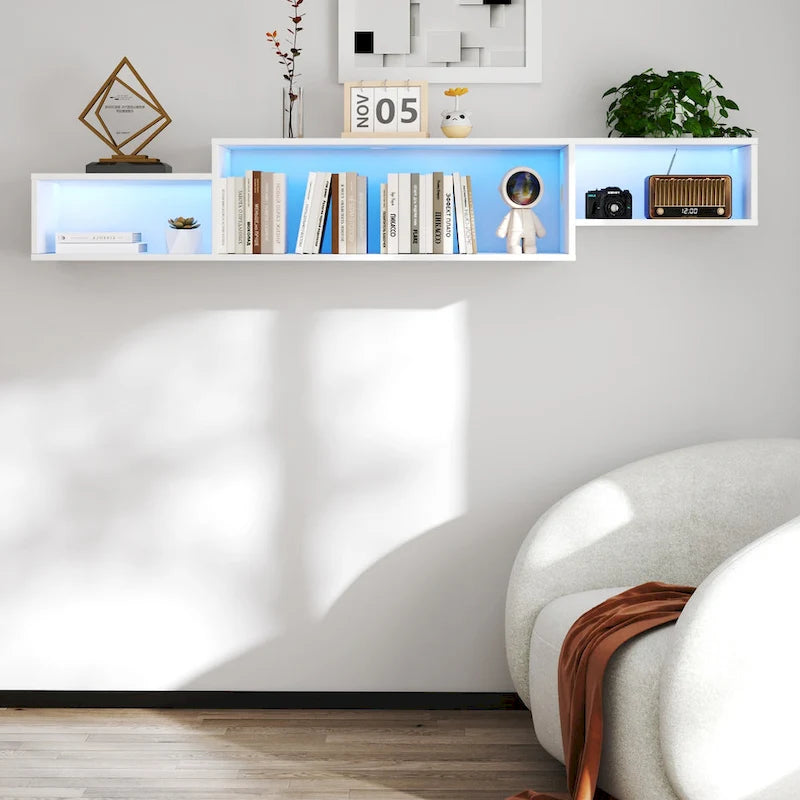 Meuble TV mural flottant blanc, 3 étagères avec éclairage LED