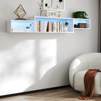 Meuble TV mural flottant blanc, 3 étagères avec éclairage LED