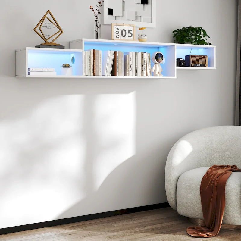 Meuble TV mural flottant blanc, 3 étagères avec éclairage LED