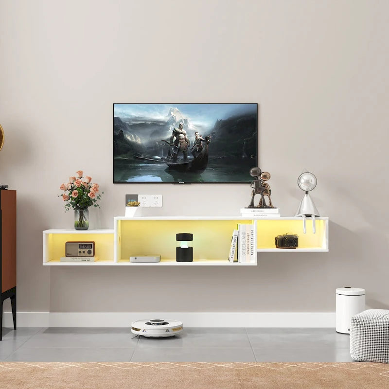 Meuble TV mural flottant blanc, 3 étagères avec éclairage LED