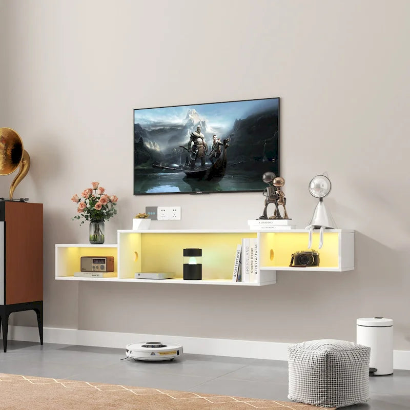 Meuble TV mural flottant blanc, 3 étagères avec éclairage LED