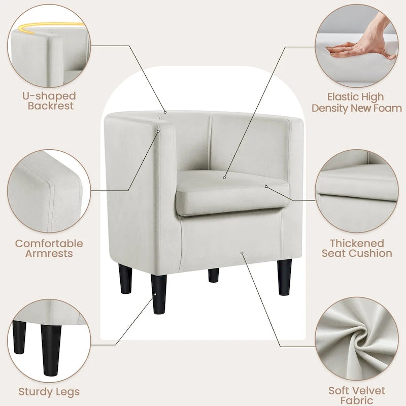 Fauteuil d'appoint en velours tonneau gris/bleu/vert olive/beige, une place