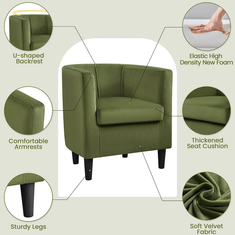 Fauteuil d'appoint en velours tonneau gris/bleu/vert olive/beige, une place