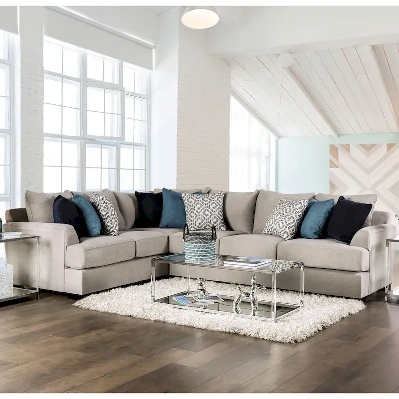 Canapé d'angle en chenille beige/gris, de style transitionnel, 5 places