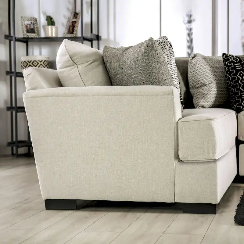 Canapé d'angle en chenille beige/gris, de style transitionnel, 5 places