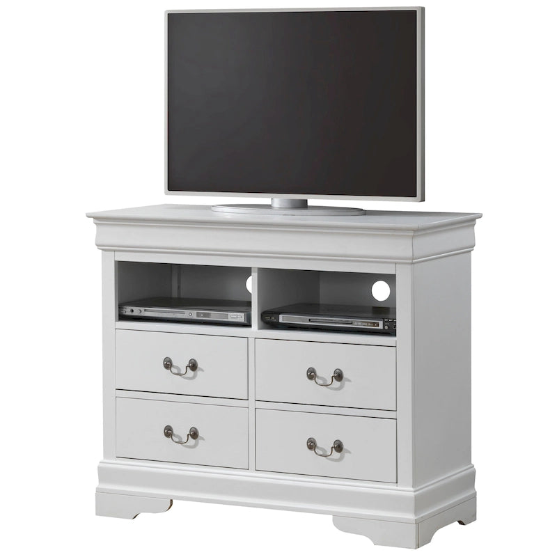 Meuble TV traditionnel en bois à 4 tiroirs, Blanc/Gris/Noir/Cerisier/Sarcelle/Chêne/Cappuccino/Beige