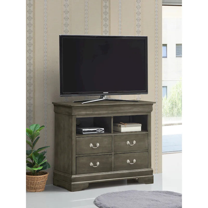 Meuble TV traditionnel en bois à 4 tiroirs, Blanc/Gris/Noir/Cerisier/Sarcelle/Chêne/Cappuccino/Beige