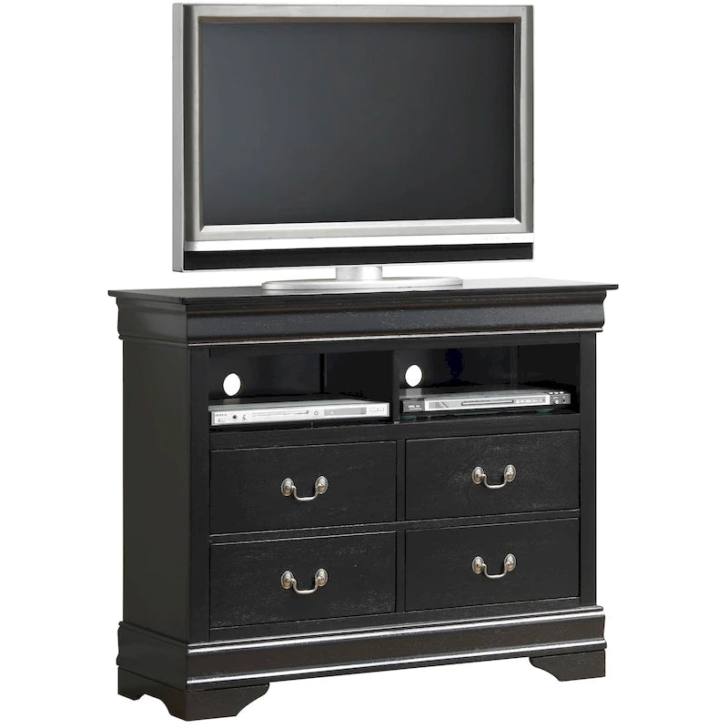 Meuble TV traditionnel en bois à 4 tiroirs, Blanc/Gris/Noir/Cerisier/Sarcelle/Chêne/Cappuccino/Beige