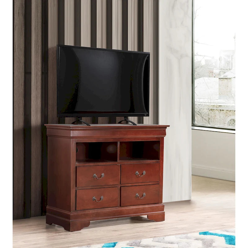 Meuble TV traditionnel en bois à 4 tiroirs, Blanc/Gris/Noir/Cerisier/Sarcelle/Chêne/Cappuccino/Beige