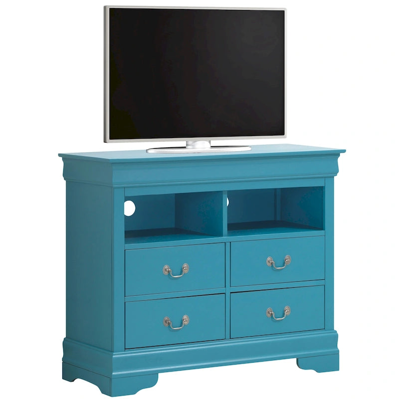 Meuble TV traditionnel en bois à 4 tiroirs, Blanc/Gris/Noir/Cerisier/Sarcelle/Chêne/Cappuccino/Beige