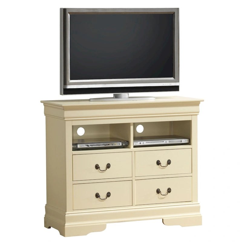 Meuble TV traditionnel en bois à 4 tiroirs, Blanc/Gris/Noir/Cerisier/Sarcelle/Chêne/Cappuccino/Beige