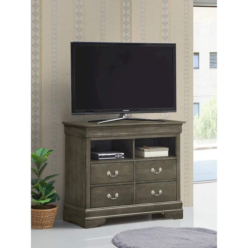 Meuble TV traditionnel en bois à 4 tiroirs, Blanc/Gris/Noir/Cerisier/Sarcelle/Chêne/Cappuccino/Beige