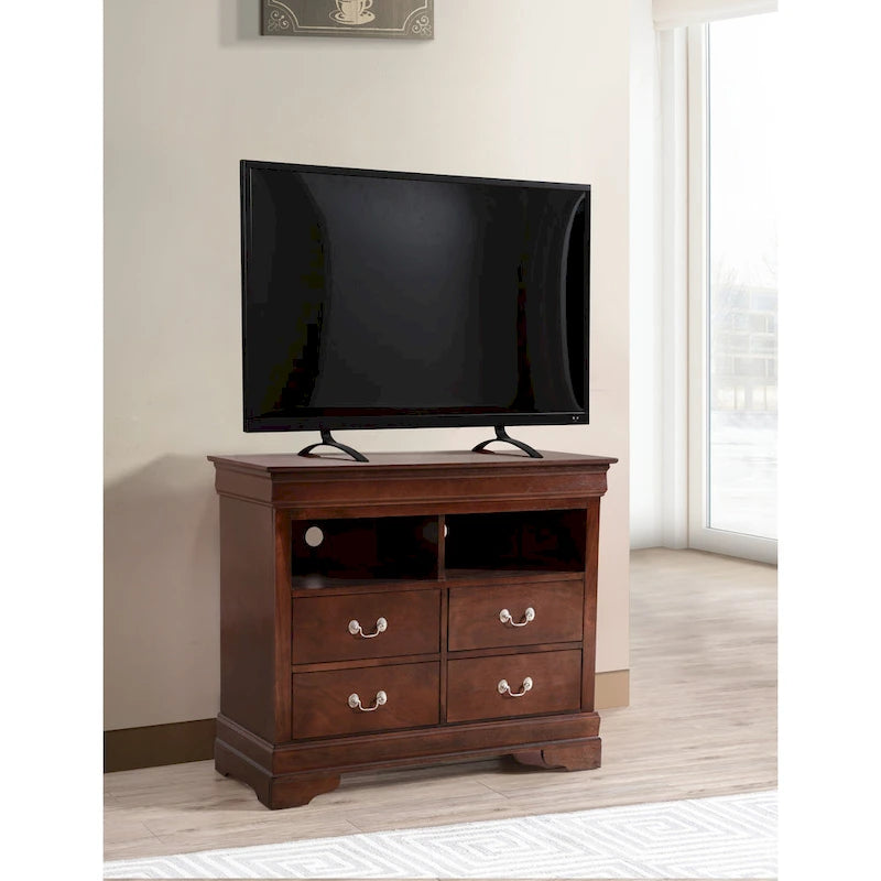 Meuble TV traditionnel en bois à 4 tiroirs, Blanc/Gris/Noir/Cerisier/Sarcelle/Chêne/Cappuccino/Beige