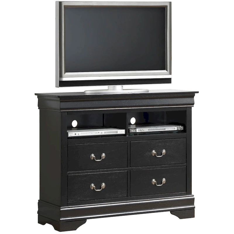 Meuble TV traditionnel en bois à 4 tiroirs, Blanc/Gris/Noir/Cerisier/Sarcelle/Chêne/Cappuccino/Beige