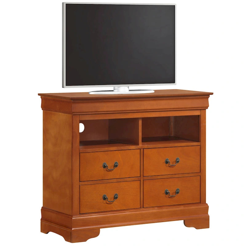 Meuble TV traditionnel en bois à 4 tiroirs, Blanc/Gris/Noir/Cerisier/Sarcelle/Chêne/Cappuccino/Beige