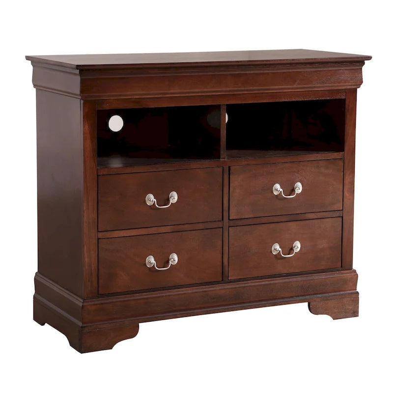 Meuble TV traditionnel en bois à 4 tiroirs, Blanc/Gris/Noir/Cerisier/Sarcelle/Chêne/Cappuccino/Beige