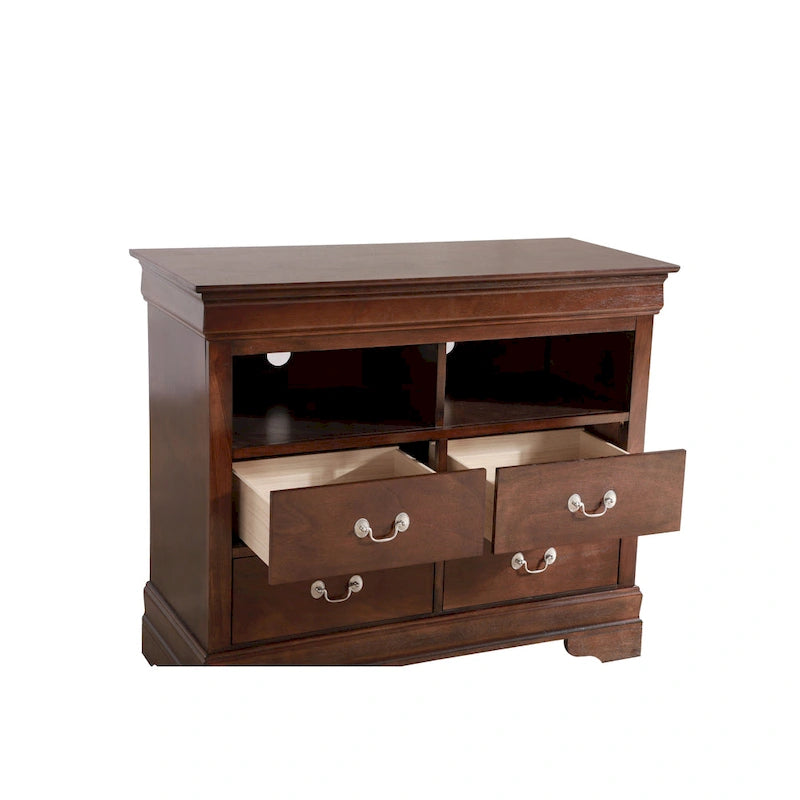 Meuble TV traditionnel en bois à 4 tiroirs, Blanc/Gris/Noir/Cerisier/Sarcelle/Chêne/Cappuccino/Beige